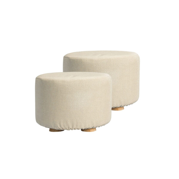 Fanno-Round Ottoman Foot Stool Set of 2 Beige Fabric Wooden Legs for Home Decor