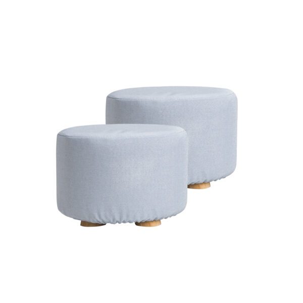 Fanno-Round Ottoman Foot Stool Set of 2 Light Blue Fabric Wooden Legs for Home Decor