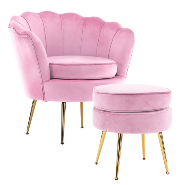 Fanno-Armchair Lounge Chair Accent Velvet Shell Scallop Round Ottoman Footstool Pink