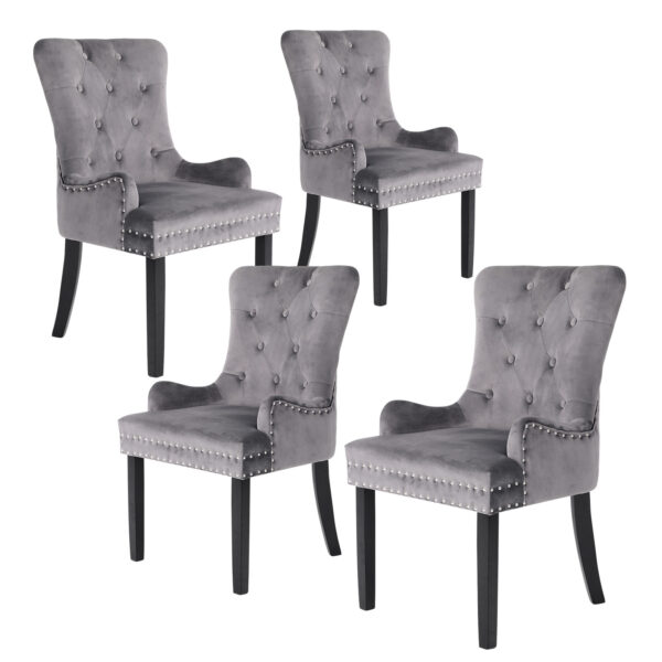 Fanno-4 Pack French Provincial Velvet Dining Chairs with Chrome Ring Grey Rubberwood Legs