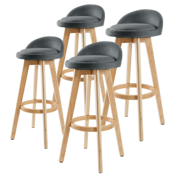 Fanno-4X Wooden Bar Stool Set 72cm Fabric Upholstered Dining Chairs Grey Kitchen