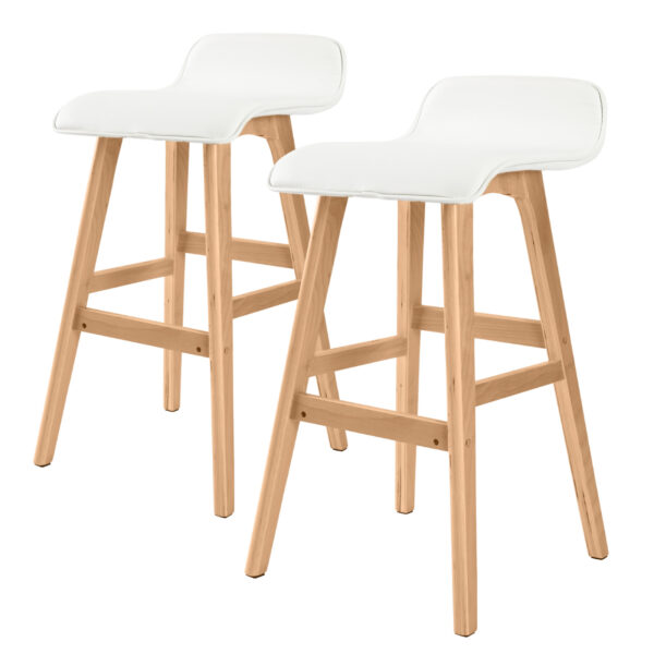 Fanno-Wooden Bar Stool Set of 2 Dining Chairs 65cm White PU Leather Mid-Century Modern