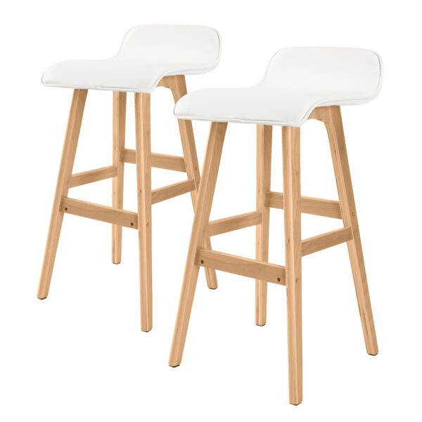 Fanno-Wooden Bar Stool Set of 2 74cm Leather Seat White Mid-Century Modern Kitchen