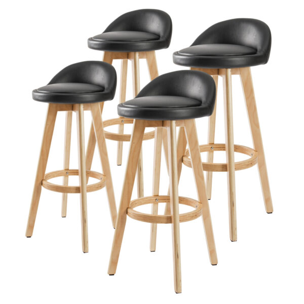 Fanno-4X Wooden Bar Stool Set Leather Seat 72cm Black Mid-Century Modern Kitchen Chairs