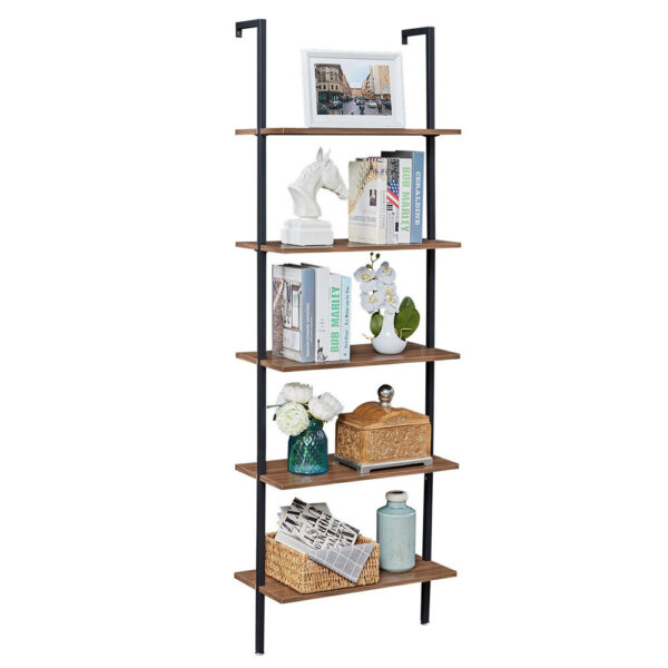 Fanno-Wood Wall-Mounted Ladder Shelf 5-Tier Storage Rack for Books and Decor