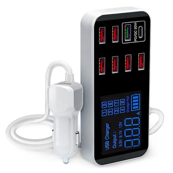 Fanno-8-Port Fast Car Charger with LCD Display Quick Charge USB Power Delivery 40W