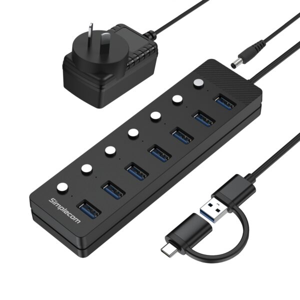 Fanno-CH375C USB-A and USB-C to 7-Port USB 3.0 Hub 5Gbps Individual Switches and Power Adapter