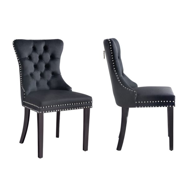 Fanno-Set of 2 - Alsea Black Velvet & Black Rubberwood Dining Chairs Upholstered Tufted Stud Trim and Ring