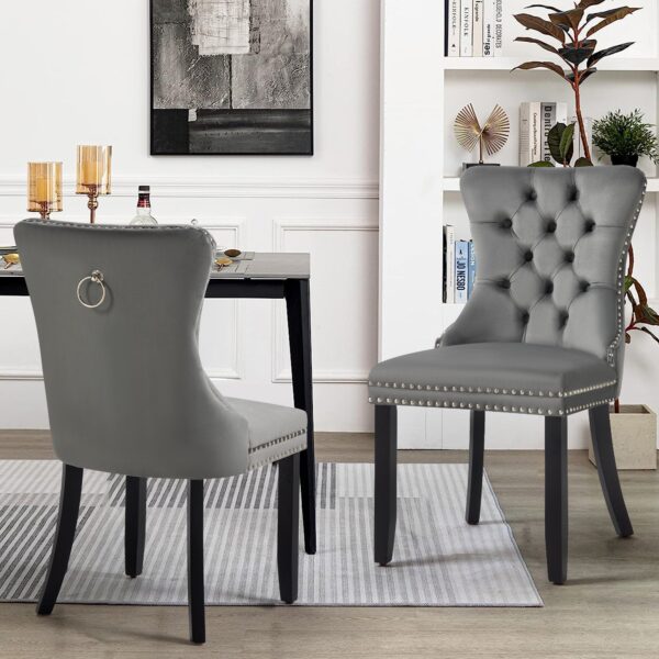 Fanno-Upholstered Dining Chairs Set of 2 Dark Grey Velvet Rubberwood Retro