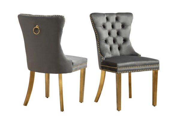 Fanno-Upholstered Dining Chairs Set of 2 Dark Grey Velvet Gold Steel Tufted