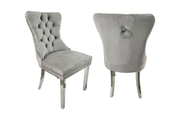 Fanno-Upholstered Dining Chairs Light Grey Velvet Silver Steel Set of 2 Tufted