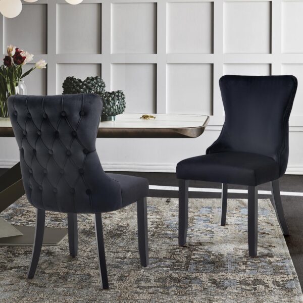 Fanno-Upholstered Dining Chairs Set of 2 Velvet Tufted Back Solid Wood Black Grey