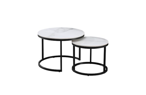 Fanno-Nesting Coffee Table Set White Marble Top Black Metal Frame Space Saving Design