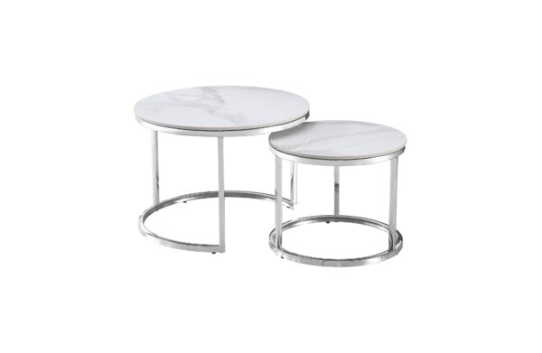 Fanno-Nesting  Coffee Table Set White Marble Top Silver Stainless Steel Modern Design