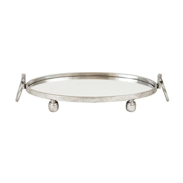 Fanno-Oval Iron Mirror Tray Silver Elegant Handles Home Decor 58.5cm Stylish