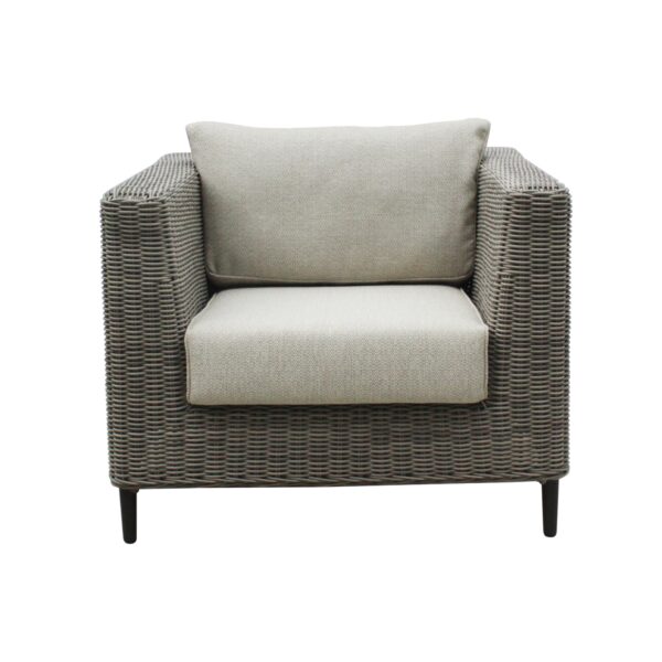 Fanno-Outdoor Armchair Grey Wicker Light Grey Fabric Weatherproof Cushions Comfortable Seating