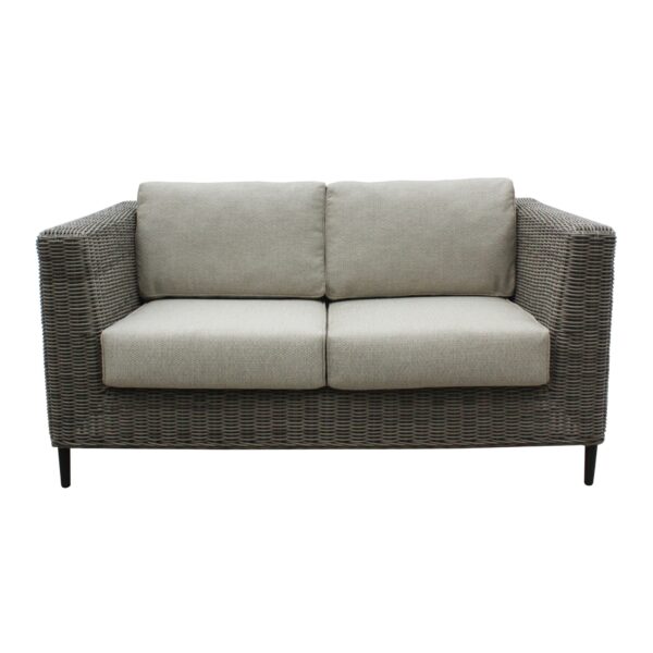 Fanno-2-Seater Outdoor Sofa Grey Wicker Light Grey Fabric Weatherproof Cushions