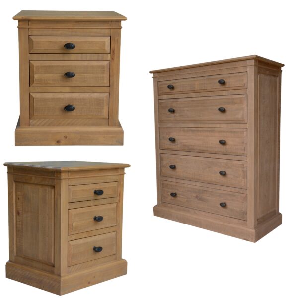 Fanno-Rustic French Provincial 2pc Bedside Table and 5 Drawer Tallboy Furniture Set