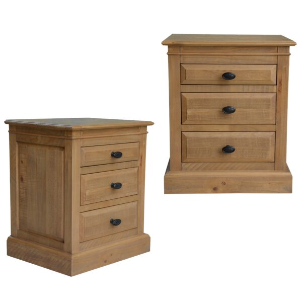 Fanno-2pc Bedside Table Set Rustic French Provincial  3 Drawers Natural Pine