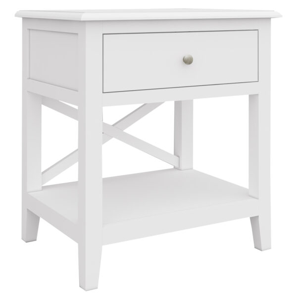 Fanno-White Hampton  Side Table with Drawer and Shelf Solid Acacia Wood Furniture