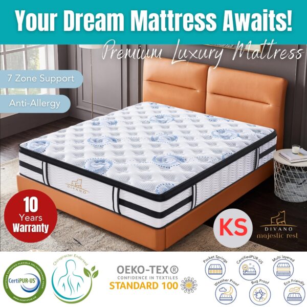 Fanno-King Single Mattress Firm Luxury 7 Zones Pocket Spring Anti Allergy Multi Colour