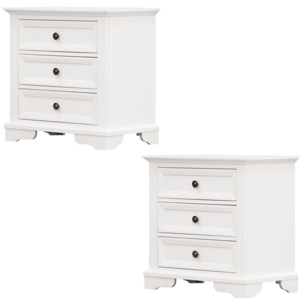 Fanno-3-Drawer Bedside Table Set of 2 Nightstands Coastal  White Finish Storage