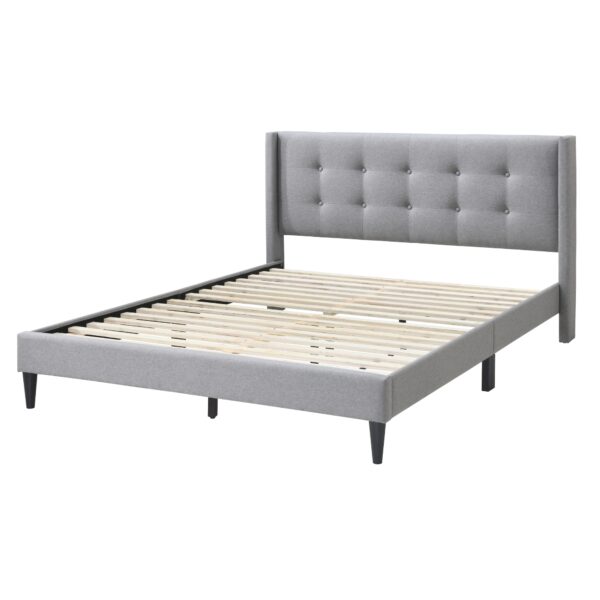 Fanno-Queen Bed with Button-Tufted Headboard Upholstered in Light Grey Fabric