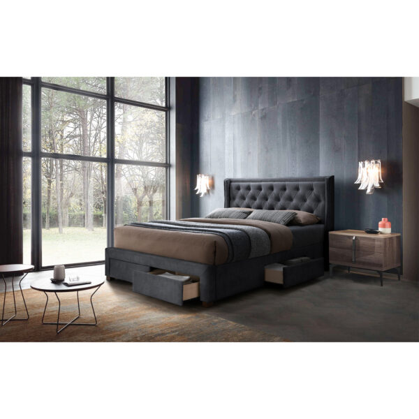 Fanno-Queen Size Bed Frame with 4 Storage Drawers in Dark Grey Upholstered Design