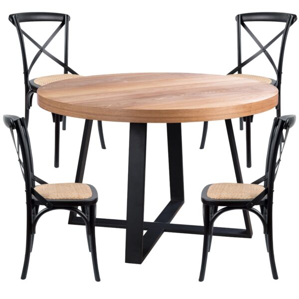 Fanno-Round Dining Table Set with 4 Cross Back Chairs in Natural Elm Timber and Black Legs