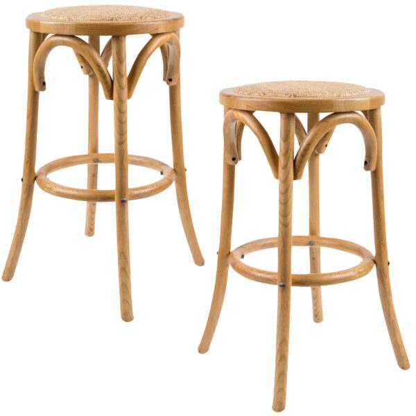 Fanno-2-Piece Kitchen Stools Set Oak Color Birch Timber Rattan Seat Traditional