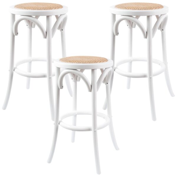 Fanno-3-Piece Kitchen Stool Set White Birch Wood Rattan Seat Traditional  Furniture