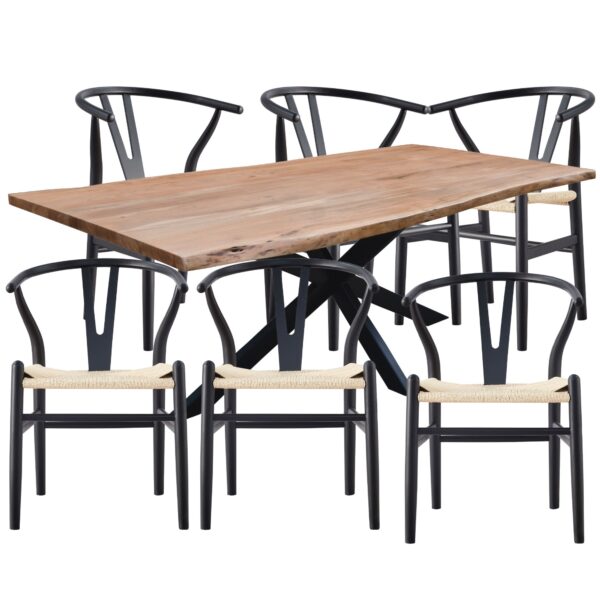 Fanno-7pc Dining Set with 210cm Live Edge Acacia Table and 6 Black Wishbone Chairs