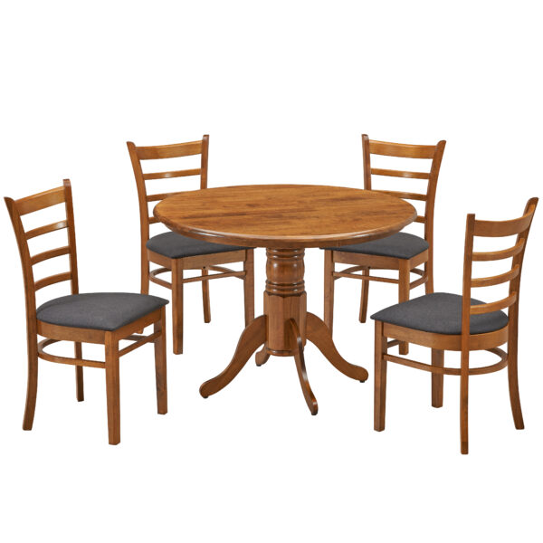 Fanno-Round 5-Piece Dining Set with Walnut Table and Black Upholstered Chairs