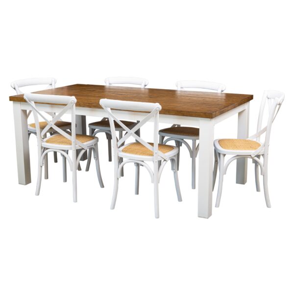 Fanno-7pc Dining Set with Solid Acacia Table and White Crossback Chairs for Home Dining