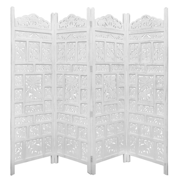 Fanno-Room Divider Screen 4 Panel White Timber with Elephant Design for Home Privacy