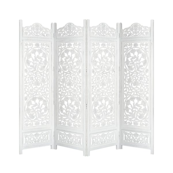 Fanno-Room Divider Screen 4 Panel Foldable Timber Wood Privacy White Antique Finish