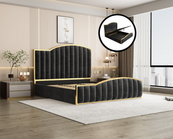 Fanno-Elegant King Size Velvet Bedframe with Gas Lift Storage and Golden Trim