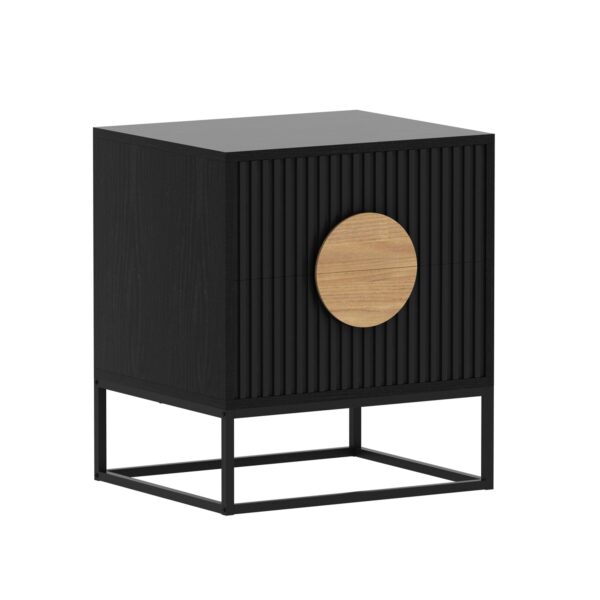 Fanno-Fluted Bedside Table in Black Wood with Metal Legs and MDF Drawer Front