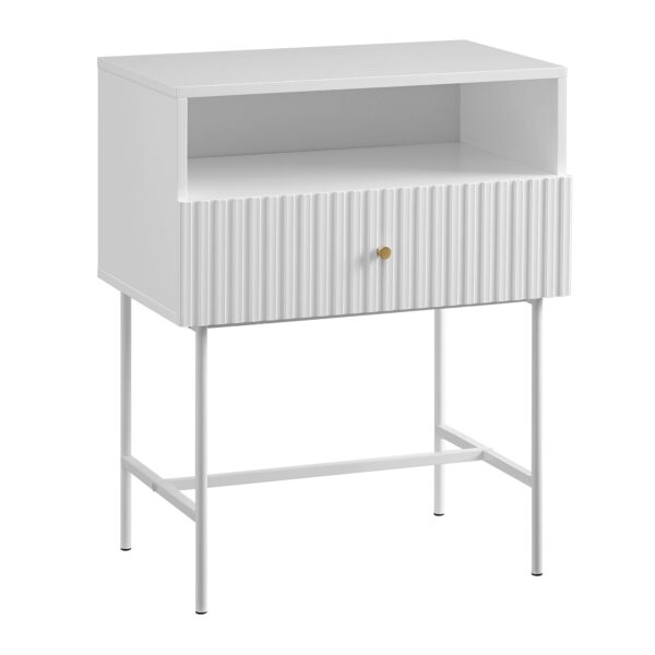 Fanno-Slender Fluted Bedside Table in Satin White with Metal Legs and MDF Finish