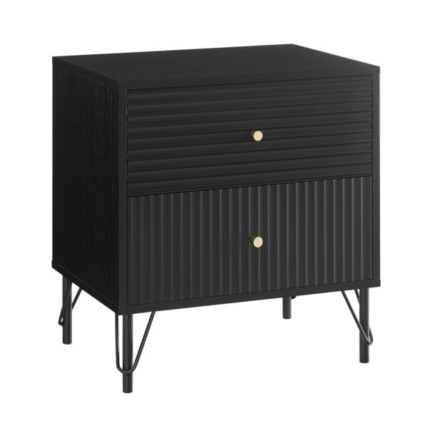 Fanno-Black Wavy Fluted Bedside Table with Drawer and Metal Legs for Modern Decor