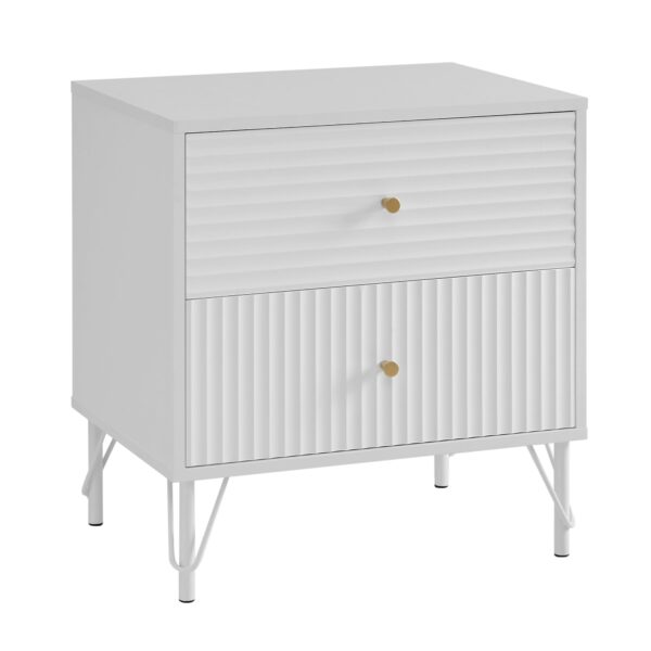 Fanno-White Wavy Fluted Bedside Table with Drawer and Metal Legs for Bedroom Storage