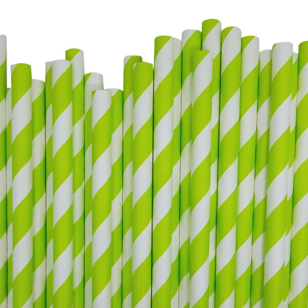 Fanno-Pack of 200 Green White Striped Biodegradable Paper Drinking Straws for Parties