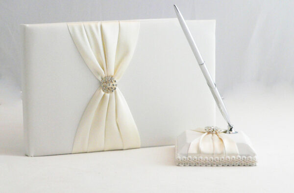 Fanno-Wedding Guest Book with Pen Stand and Silver Pen Elegant Ivory Cover Design