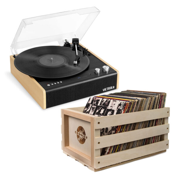 Fanno-Turntable with Bluetooth and Record Storage Crate for Vinyl Music Lovers