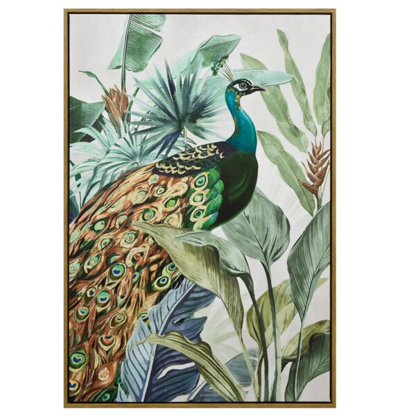 Fanno-Canvas Wall Art Golden Plume Peacock Dark Wood Frame 60X90cm Hand Painted Print