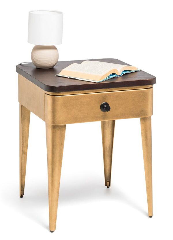 Fanno-Modern Brass Finish Bedside Table with Storage Drawer and Wood Top Nightstand