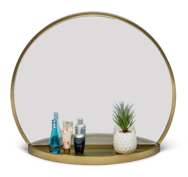 Fanno-Round Wall Mirror with Shelf Storage Antique Brass Finish for Home Decor