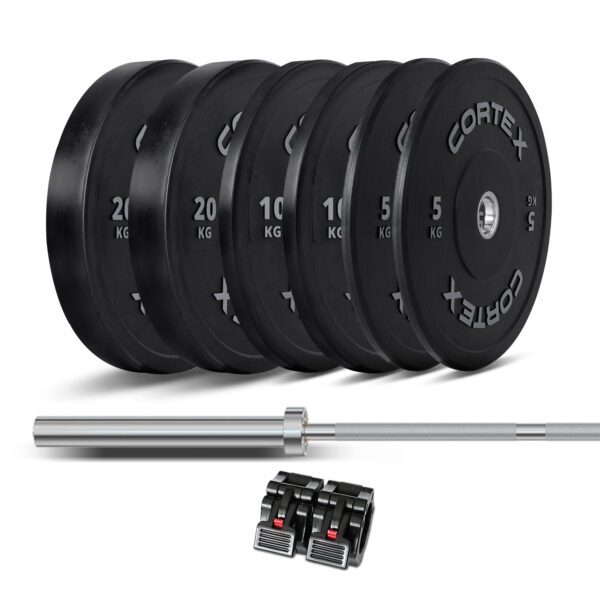 Fanno-90kg Olympic Bumper Plate Set with Barbell and Lockjaw Collars for Strength Training