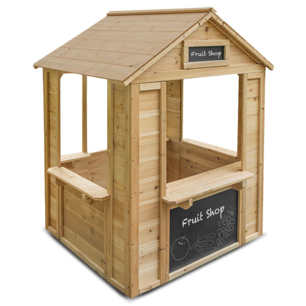 Fanno-Wooden Cubby House Kids Cafe Playhouse with Chalkboard and Timber Roof for Ages 3+