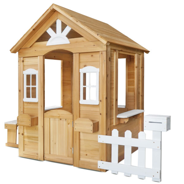 Fanno-Kids Cubby House with White Picket Fence Mailbox Snack Table and Planter Boxes